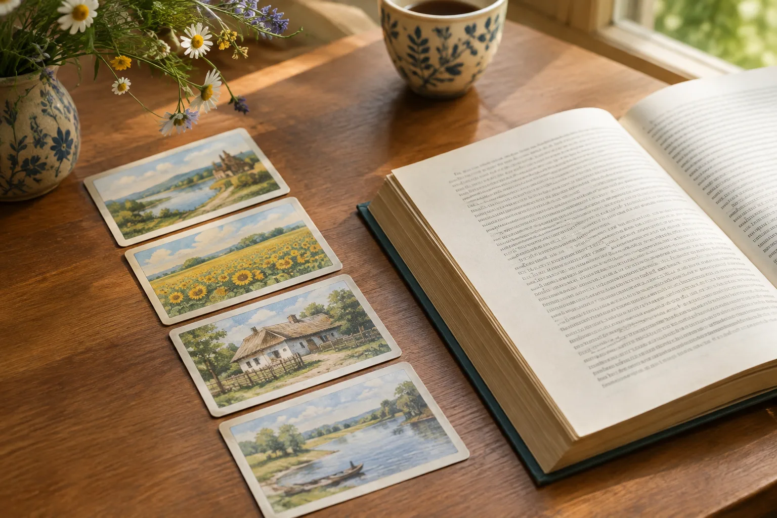 Ілюстровані картки лежать послідовно біля розгорнутої книжки