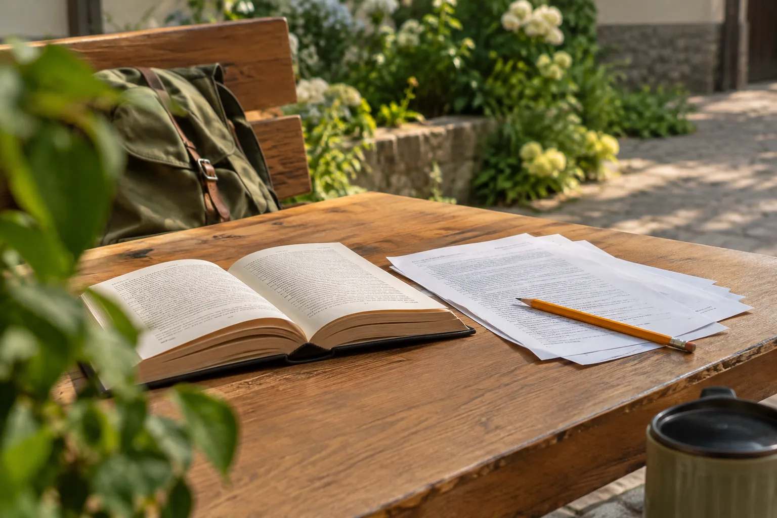 Розгорнута книжка, чисті аркуші та олівець на столі