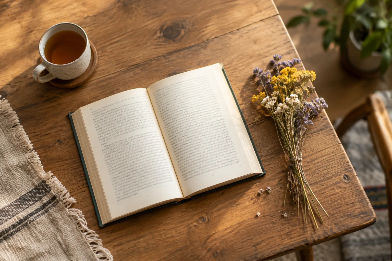 Раскрытая книга на столе рядом с сухими цветами