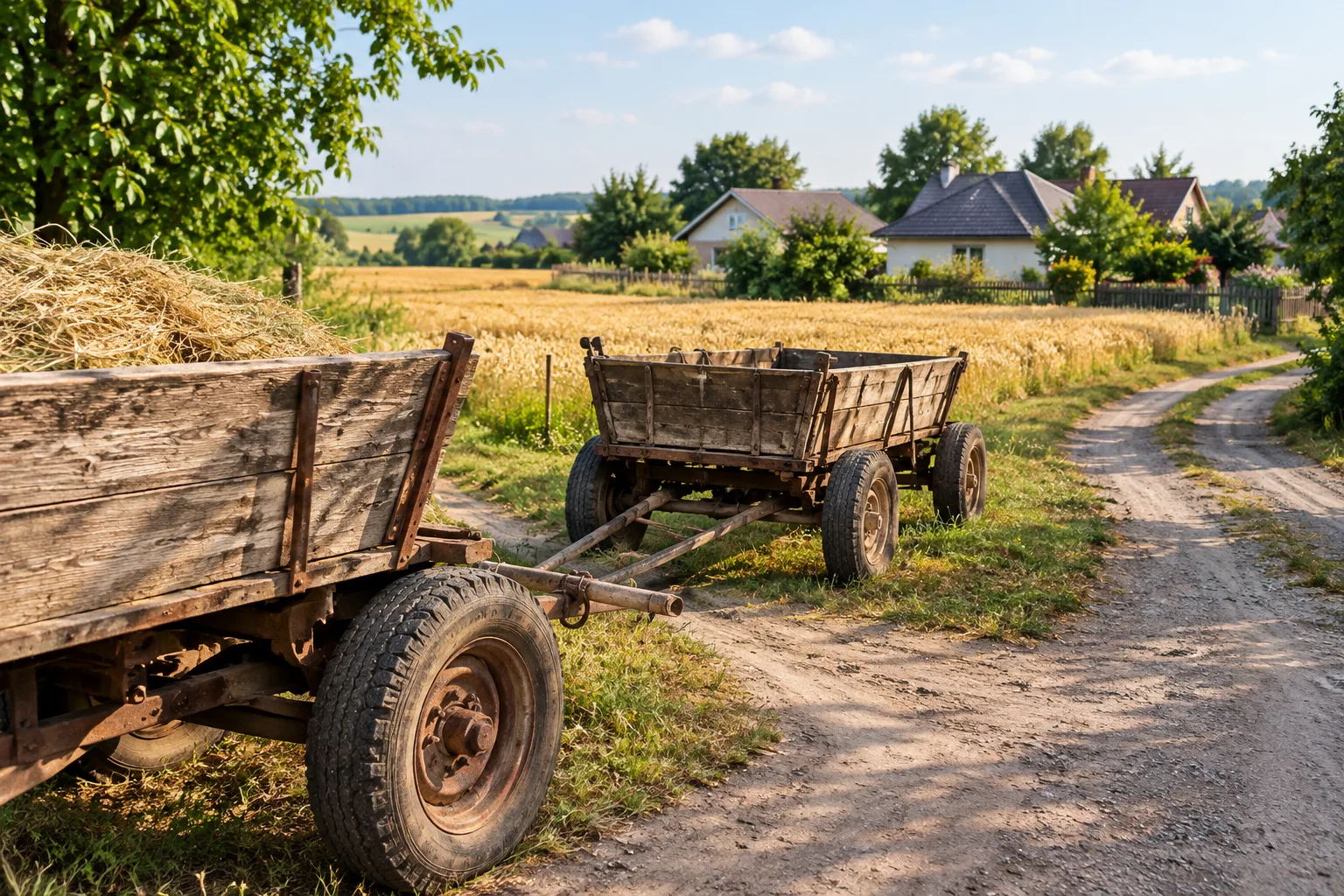 Дерев’яні вози стоять біля ґрунтової дороги поруч із полем і селом