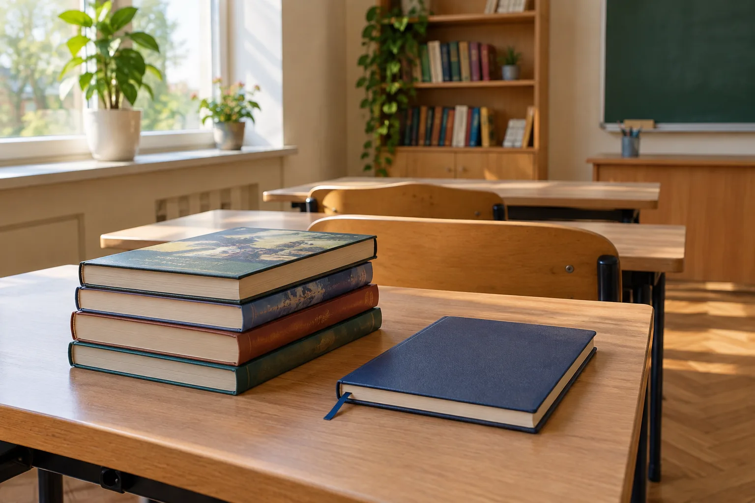 Шкільні книжки та зошит на парті